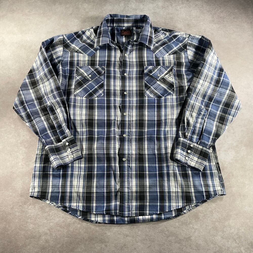 Plains Western Wear Blue Plaid Pearl Snap Long Sleeve Button Down XL